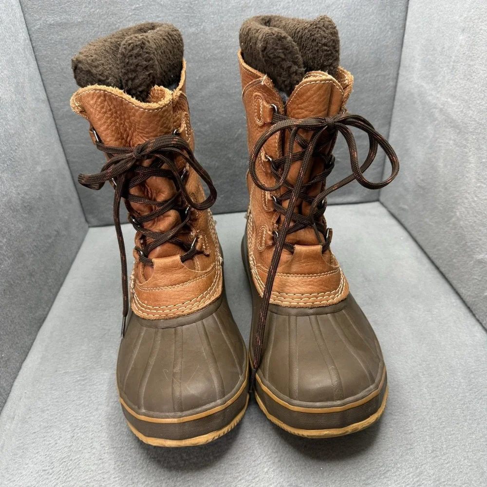 L.L.Bean Women's 9 M Tumbled Leather Lace-Up Snow Duck Boots Brown Fleece Lined